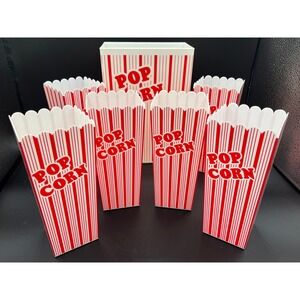 7 Pc Retro Popcorn Tub Holder Red White Stripes Movie Night Party Serving 10"